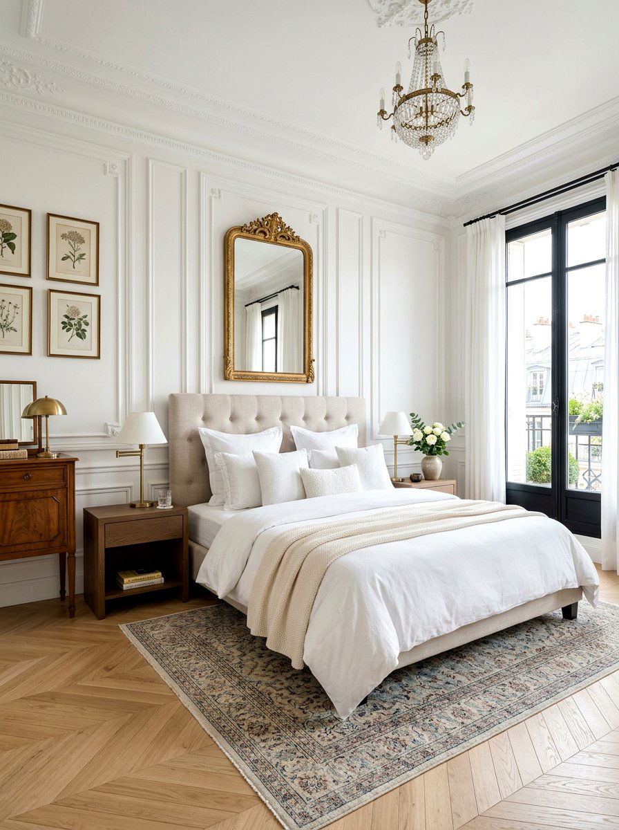 White wall molding - 30 Parisian hotel bedroom ideas