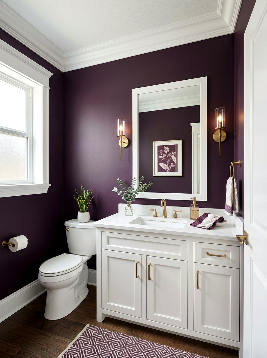 White wall trim - 30 aubergine powder room ideas