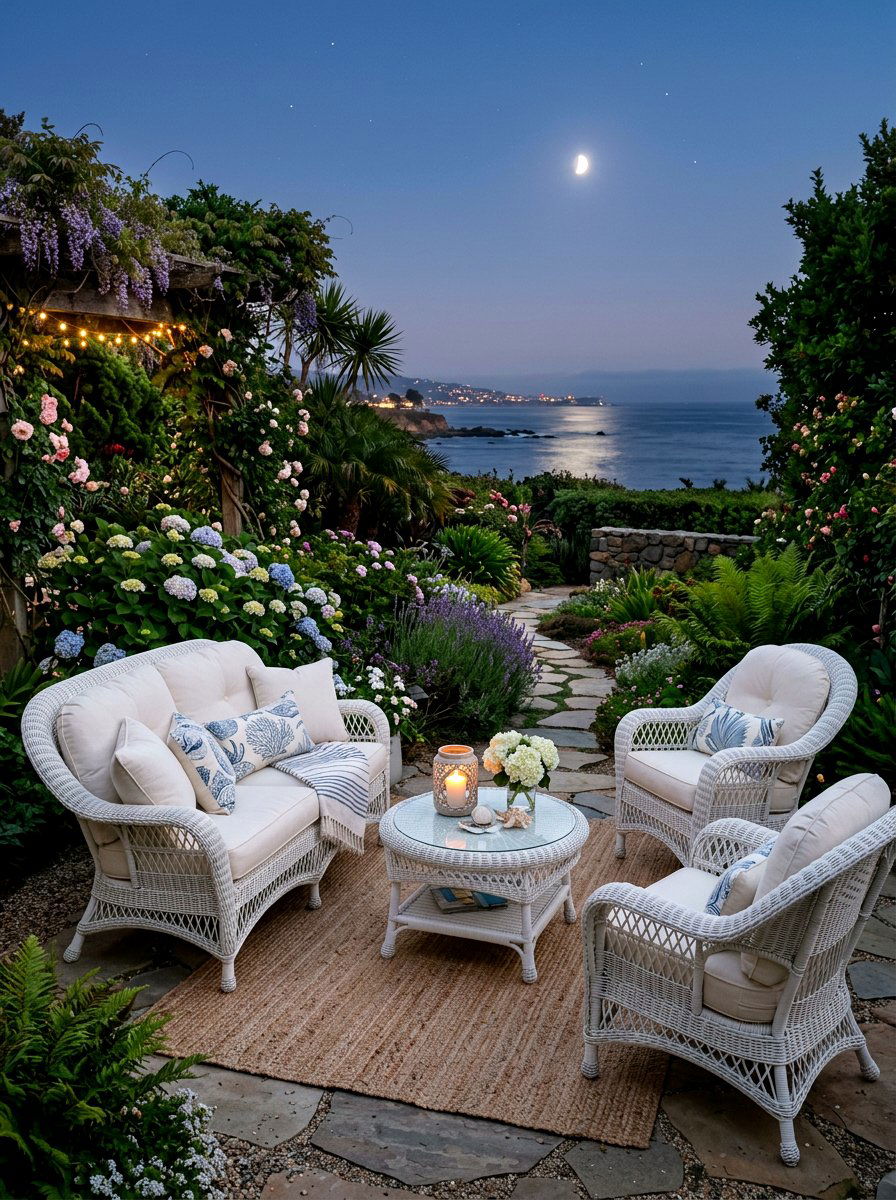 White wicker furniture - 30 moonlight backyard ideas