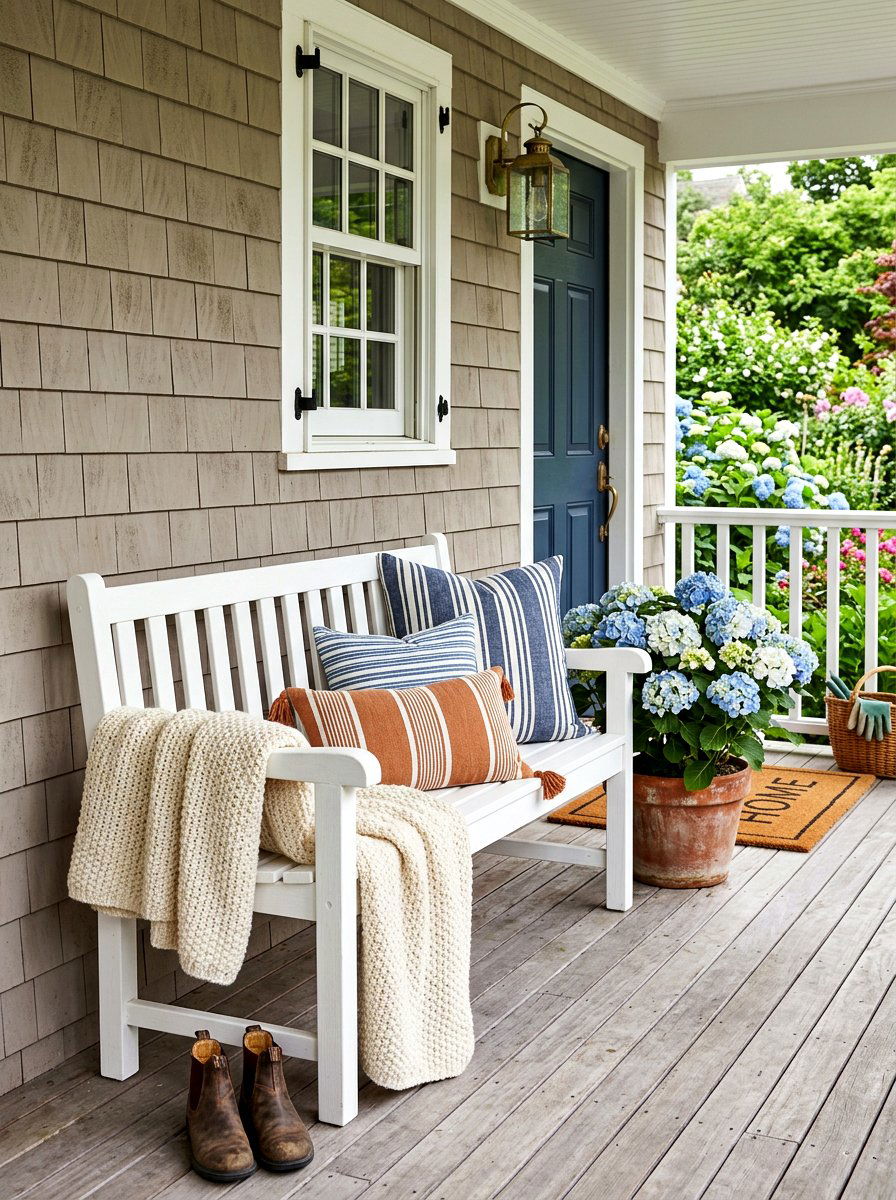 White wooden porch bench - 30 Nancy Meyers front porch ideas