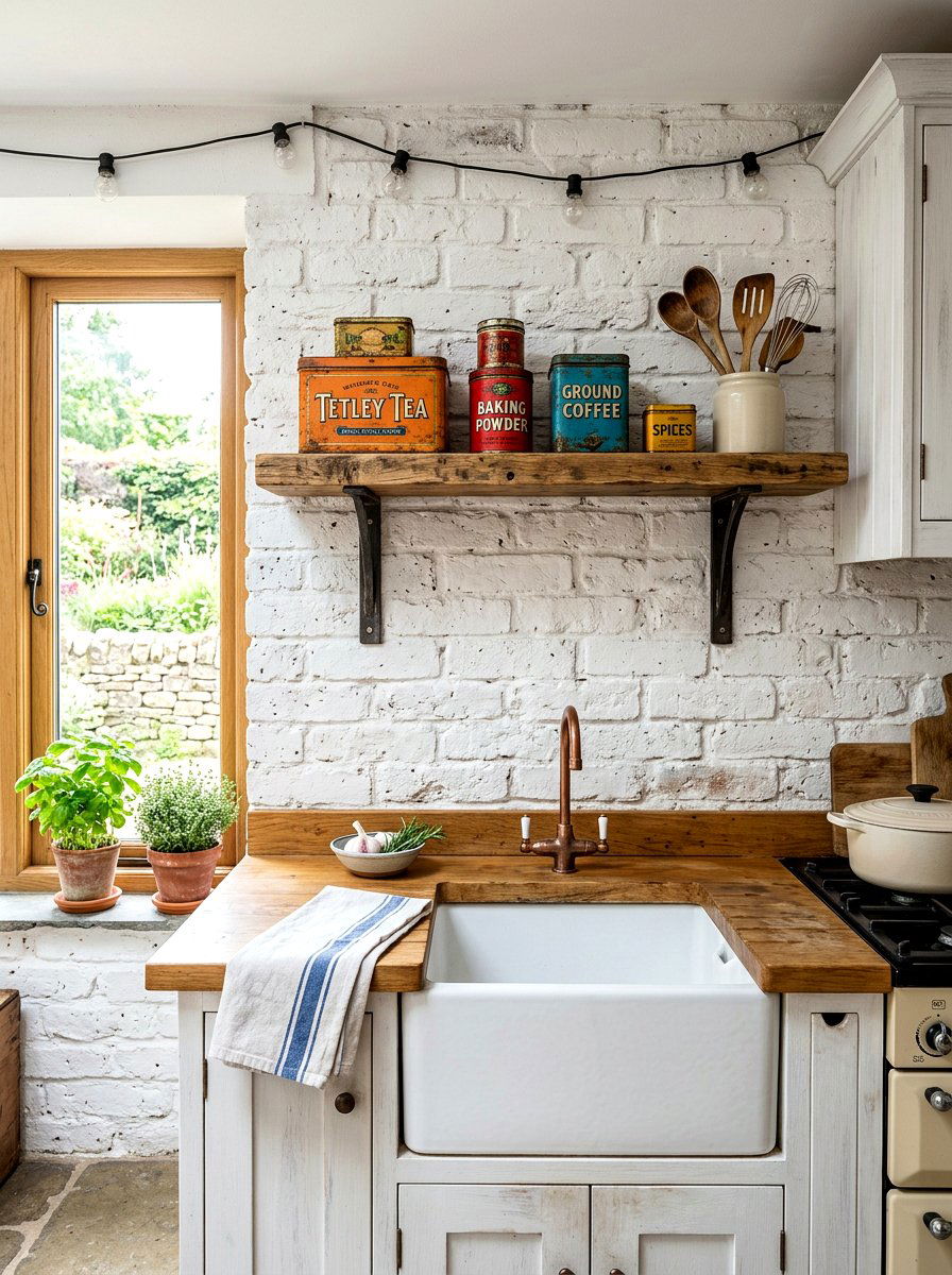 Whitewashed Brick Wall Shelf - 30 French cottage kitchen shelf ideas