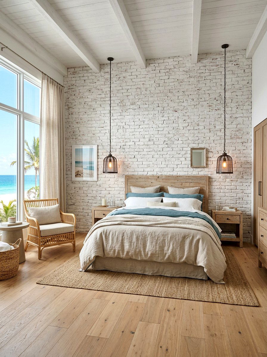 Whitewashed brick beach bedroom - 30 beach cottage bedroom ideas