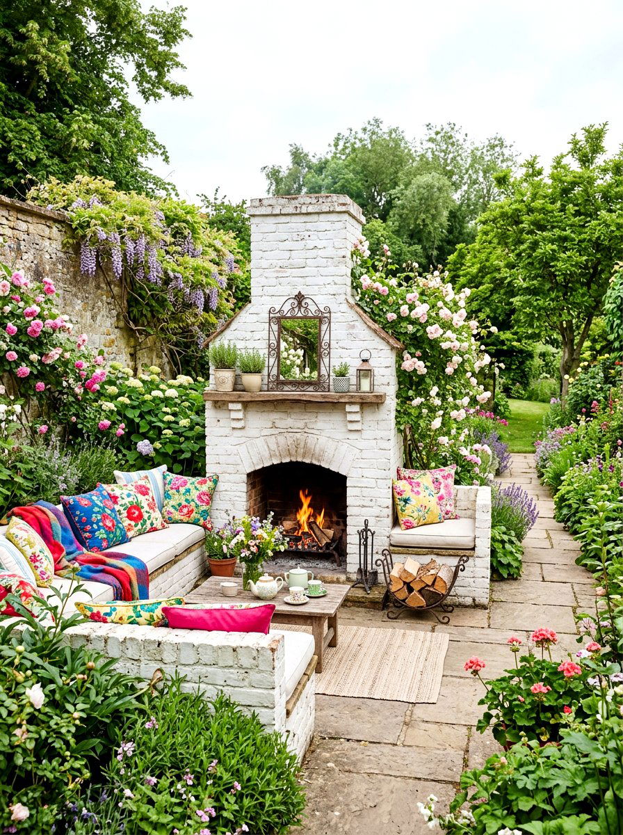 Whitewashed brick fireplace garden seating - 30 brick outdoor fireplace ideas