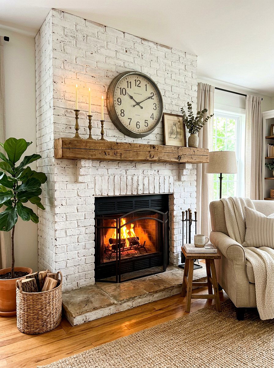 Whitewashed brick fireplace - 30 shabby chic decor ideas
