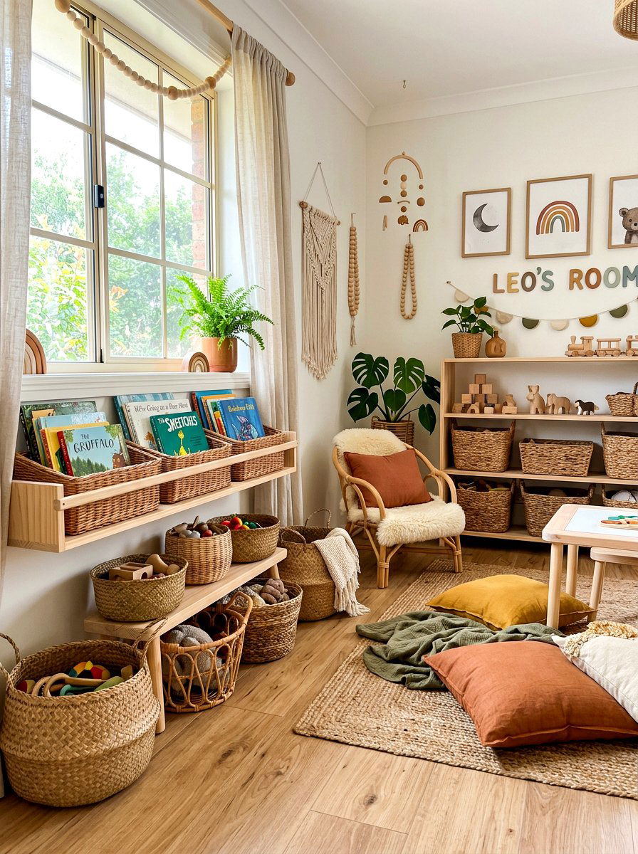 Wicker Basket Book Storage - 30 library kids room ideas