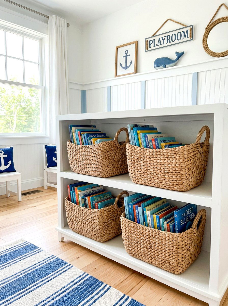 Wicker Basket Book Storage - 30 playroom bookshelf ideas