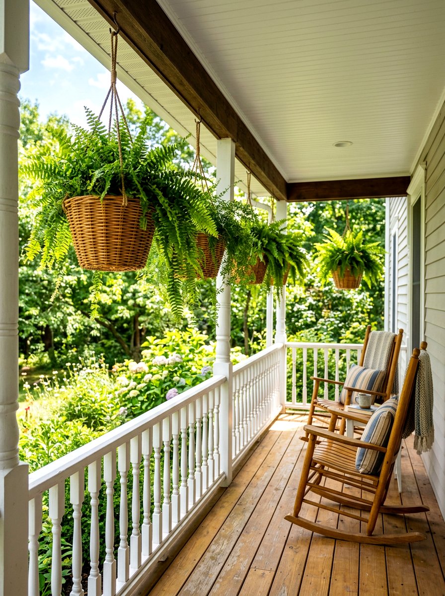 Wicker Basket Fern Porch - 30 hanging fern porch ideas