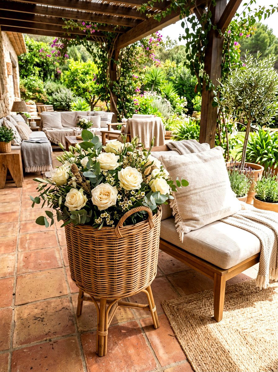 Wicker Basket Flower Planter - 30 porch rose planter ideas