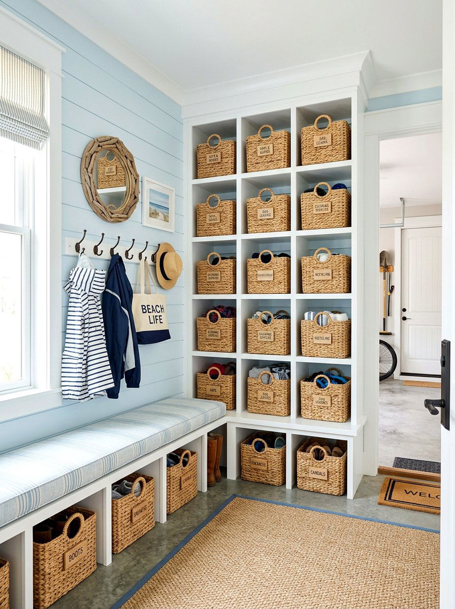 Wicker Basket Organization - 30 garage mudroom ideas