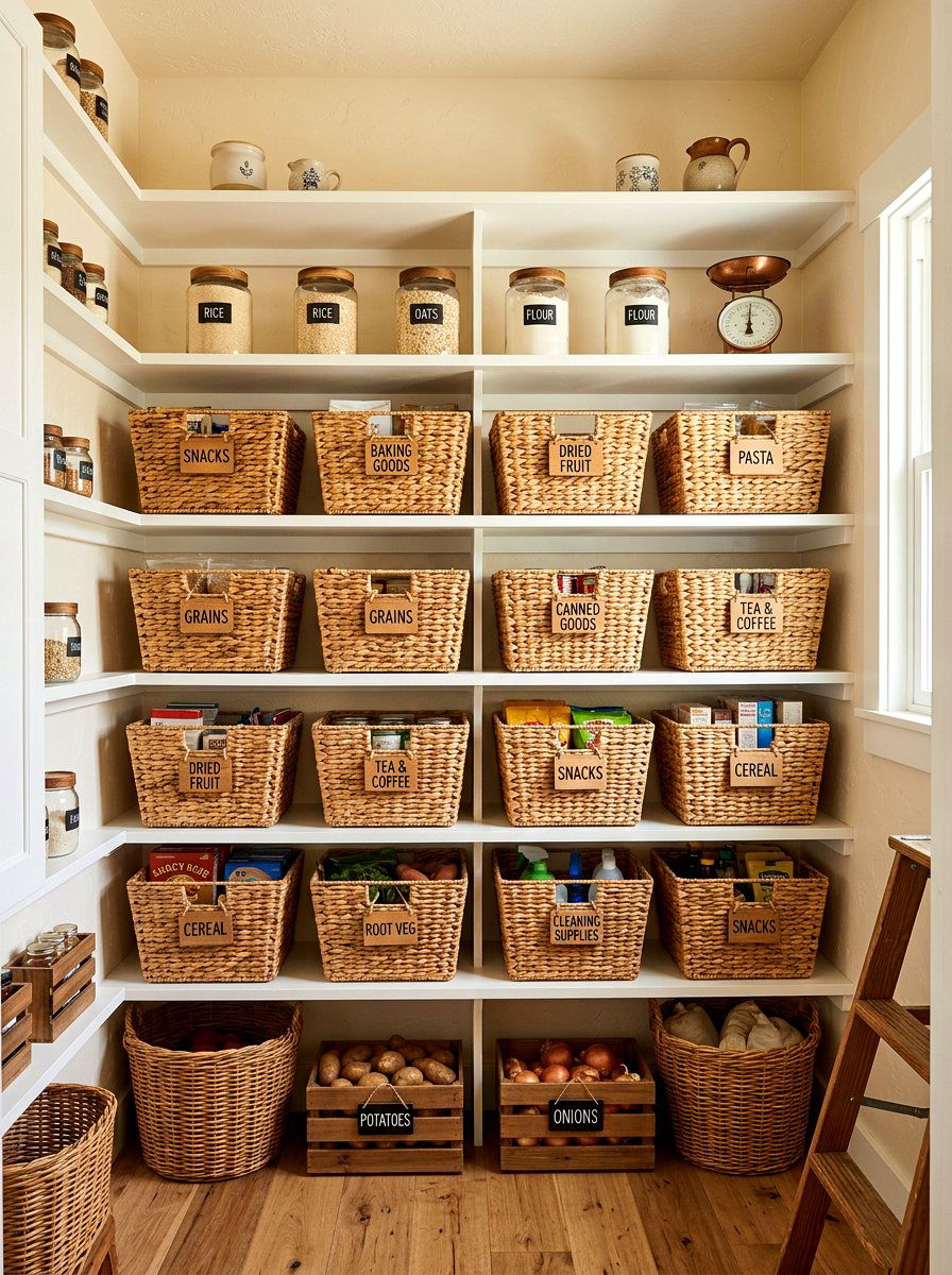 Wicker Basket Organization - 30 breakfast pantry ideas