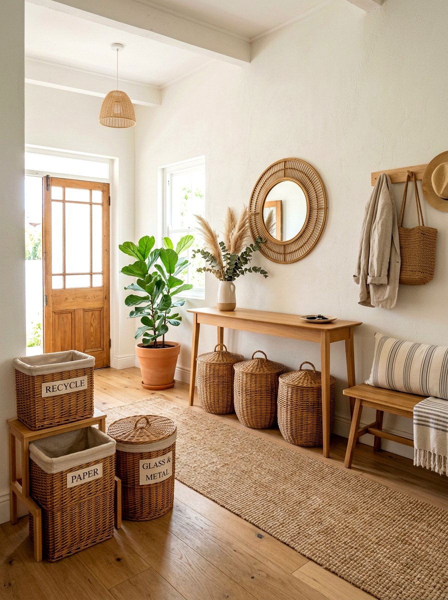 Wicker Basket Recycling Station - 30 hidden recycling bin ideas