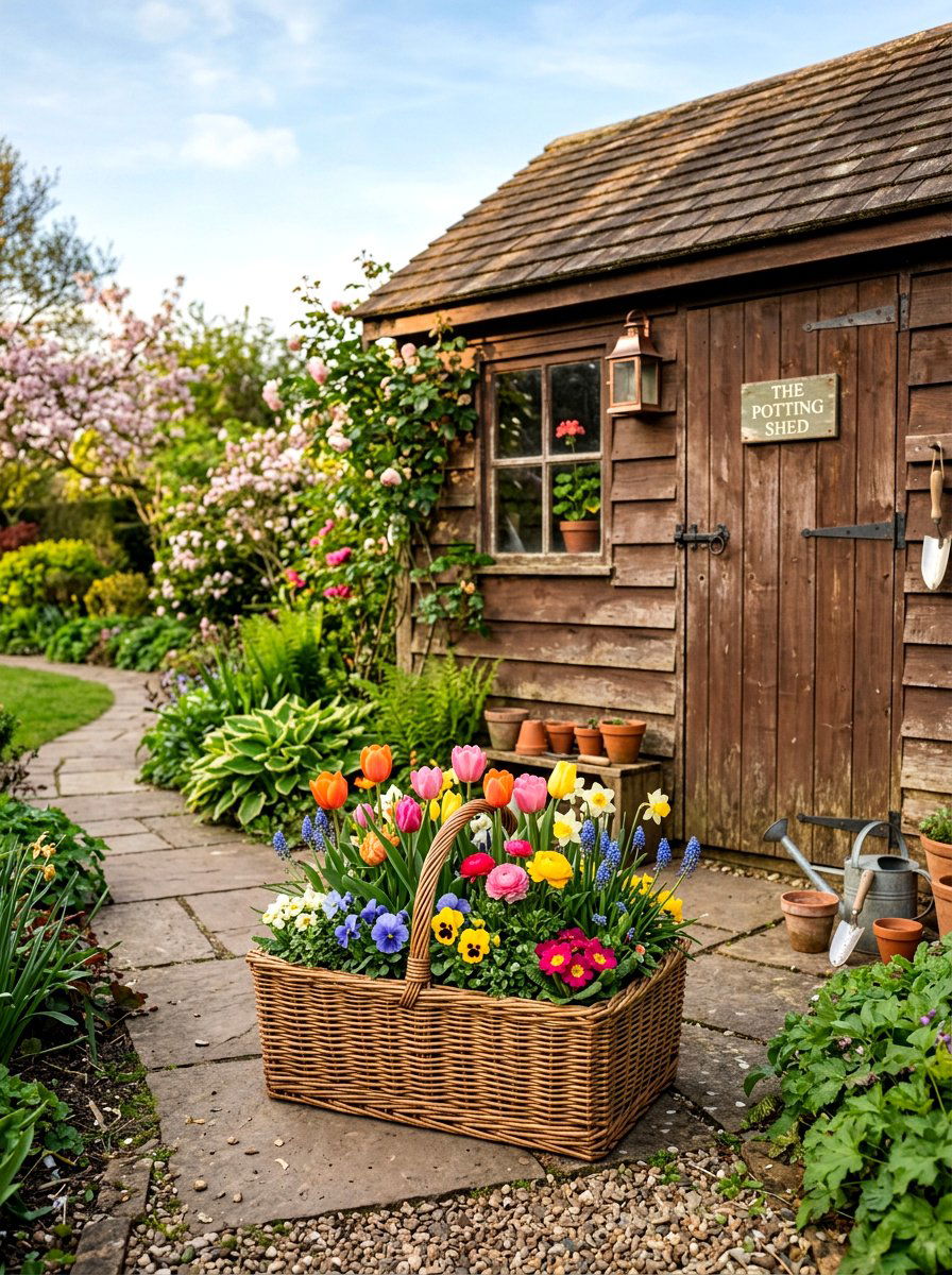 Wicker Basket Shed Box - 30 shed flower box ideas
