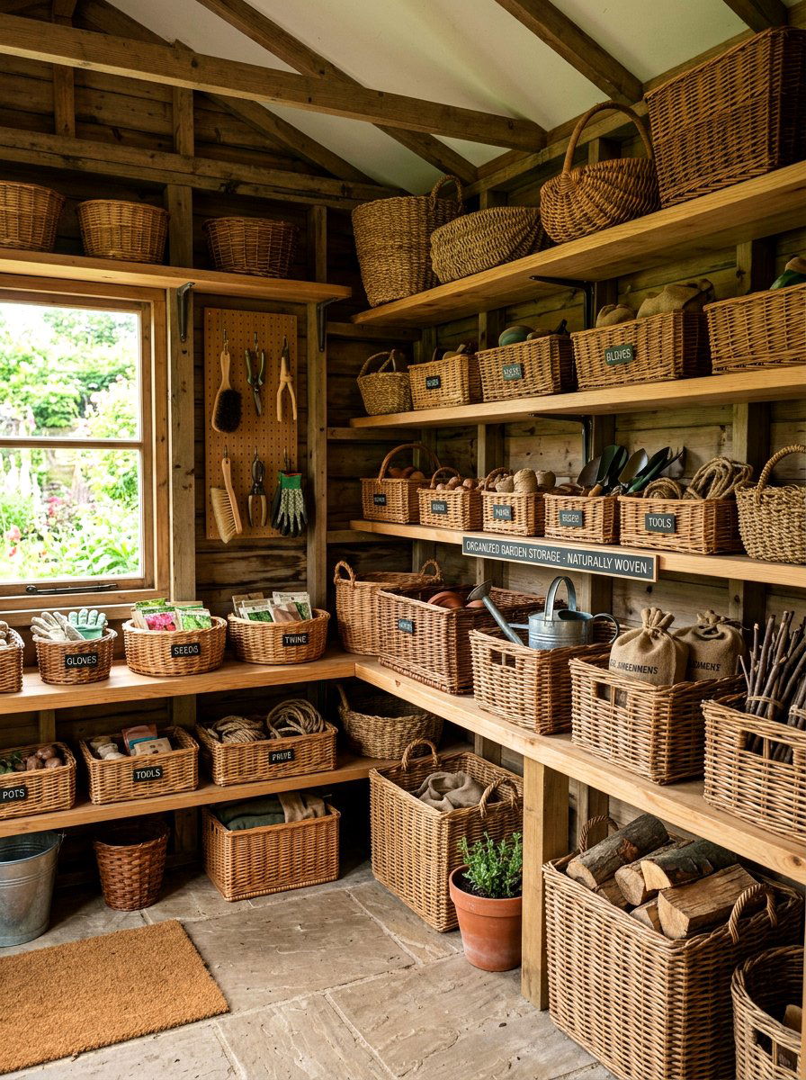 Wicker Basket Shed Storage - 30 potting shed decor ideas
