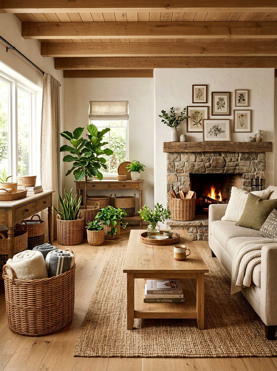 Wicker Basket Storage - 30 rustic farmhouse living room ideas