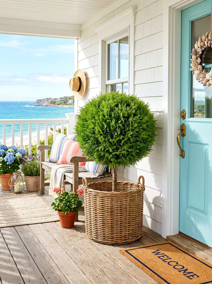 Wicker Basket Topiary - 30 front porch topiary ideas