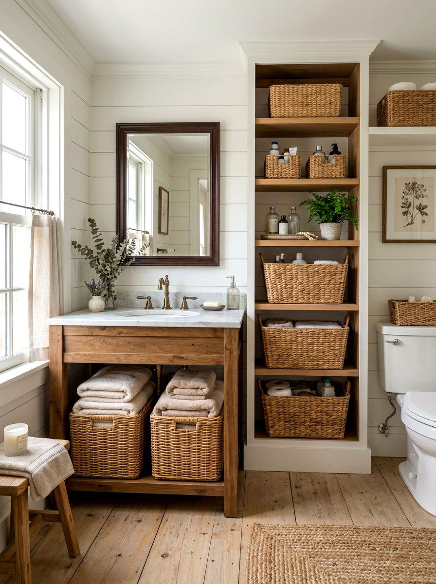 Wicker Bathroom Storage - 30 small cottage bathroom ideas