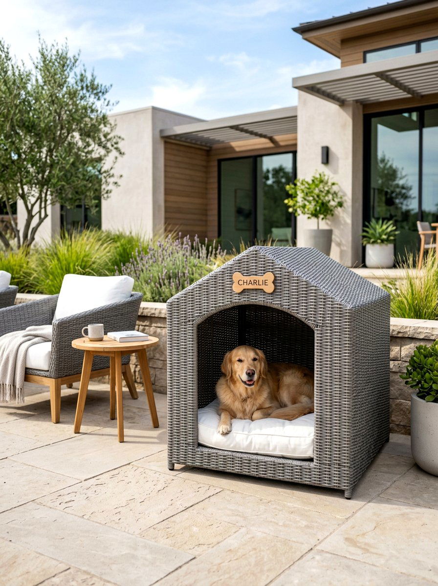 Wicker Dog House - 30 dog friendly patio ideas aesthetic