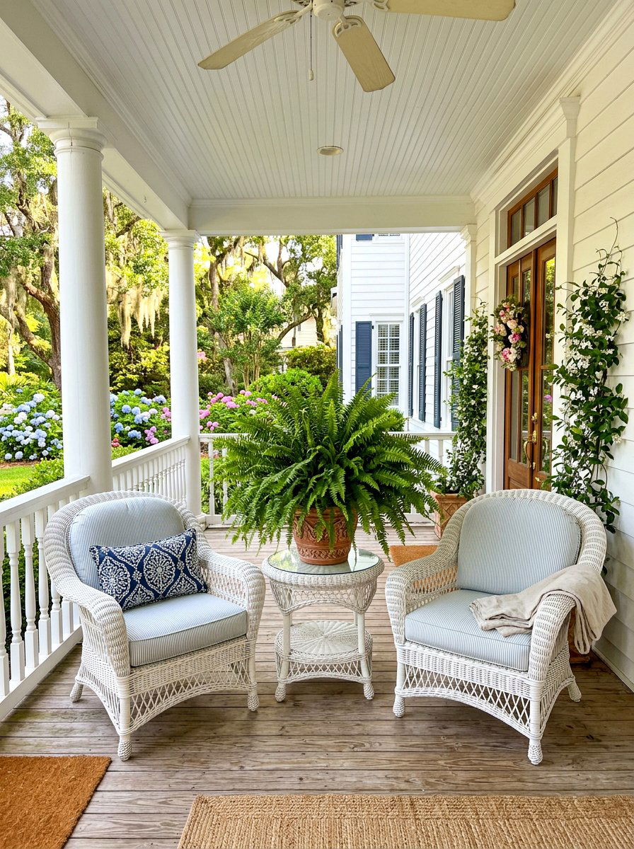Wicker Furniture Fern Setup - 30 fern filled front porch ideas