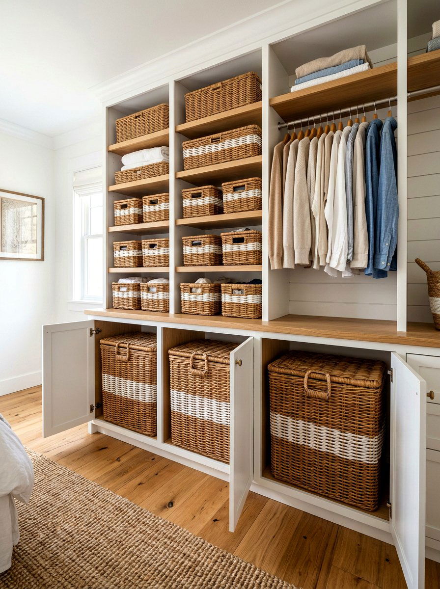 Wicker Hamper Integration - 30 linen cupboard styling ideas