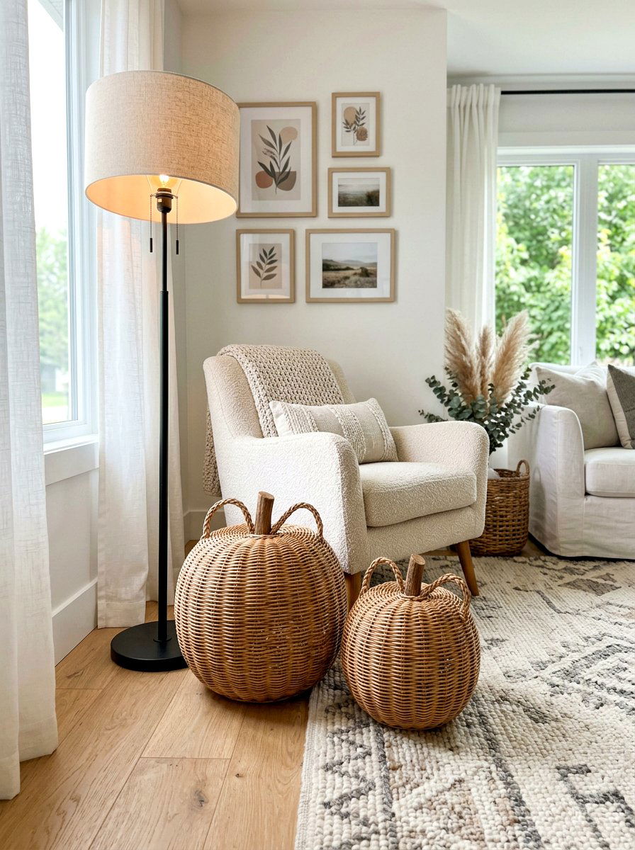 Wicker Pumpkin Floor - 30 pumpkin without pumpkins decor ideas
