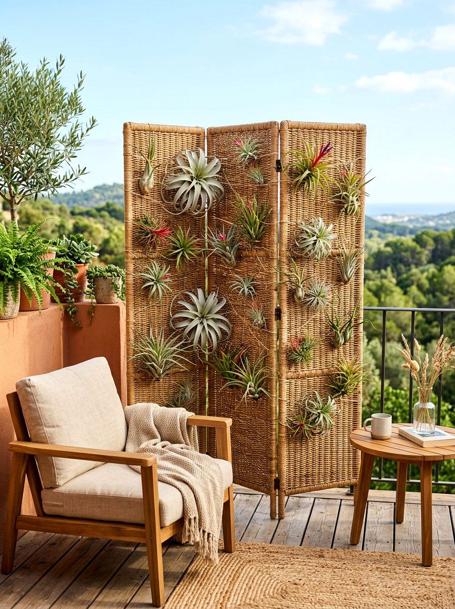 Wicker Screen With Air Plants - 30 vertical garden privacy wall ideas