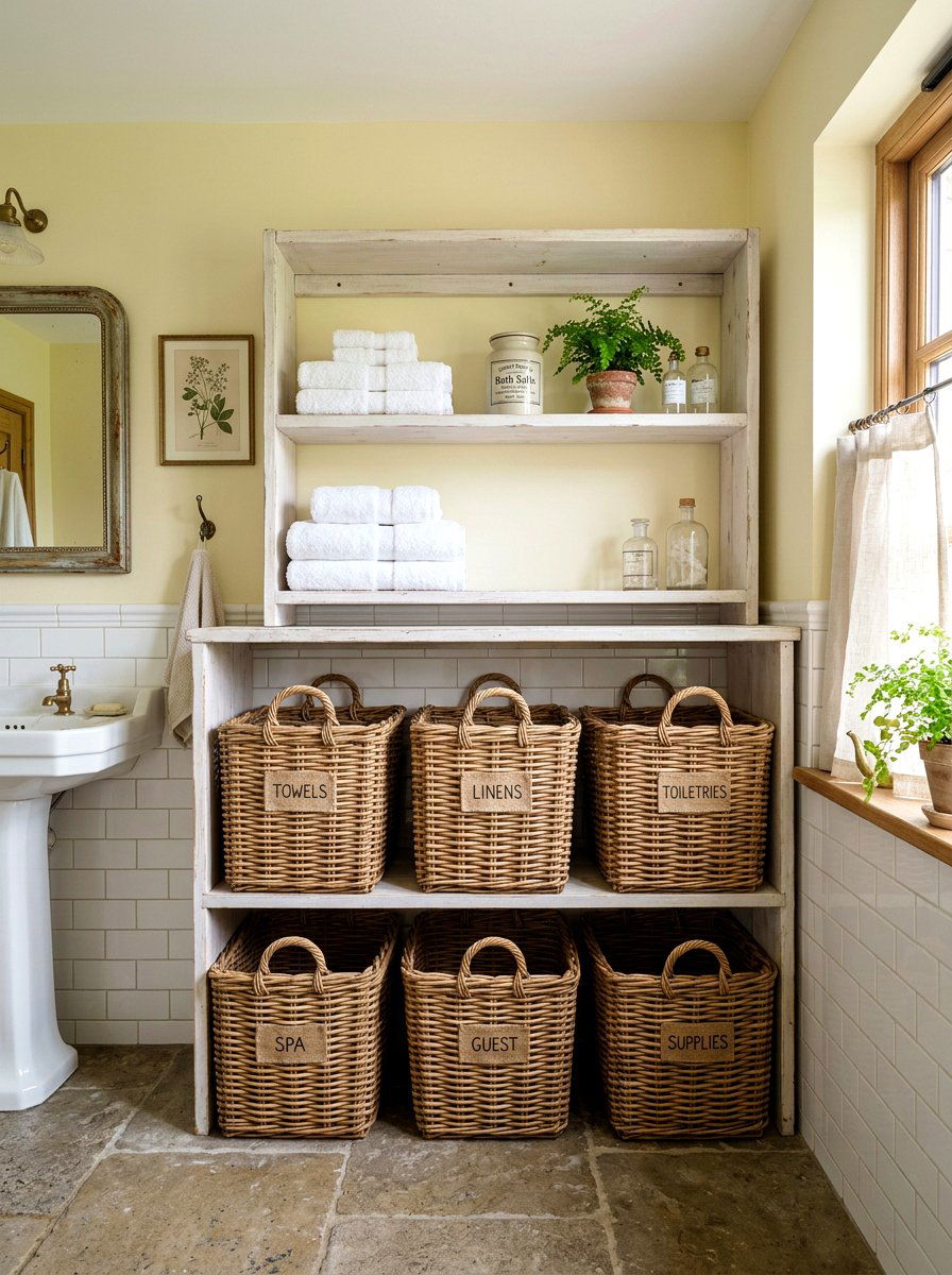 Wicker Storage Basket - 30 granny chic bathroom ideas