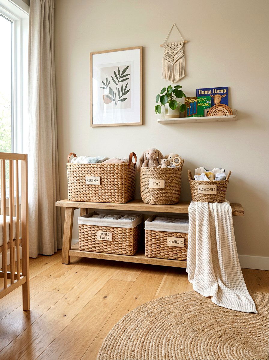 Wicker Storage Baskets - 30 gender neutral heirloom nursery ideas