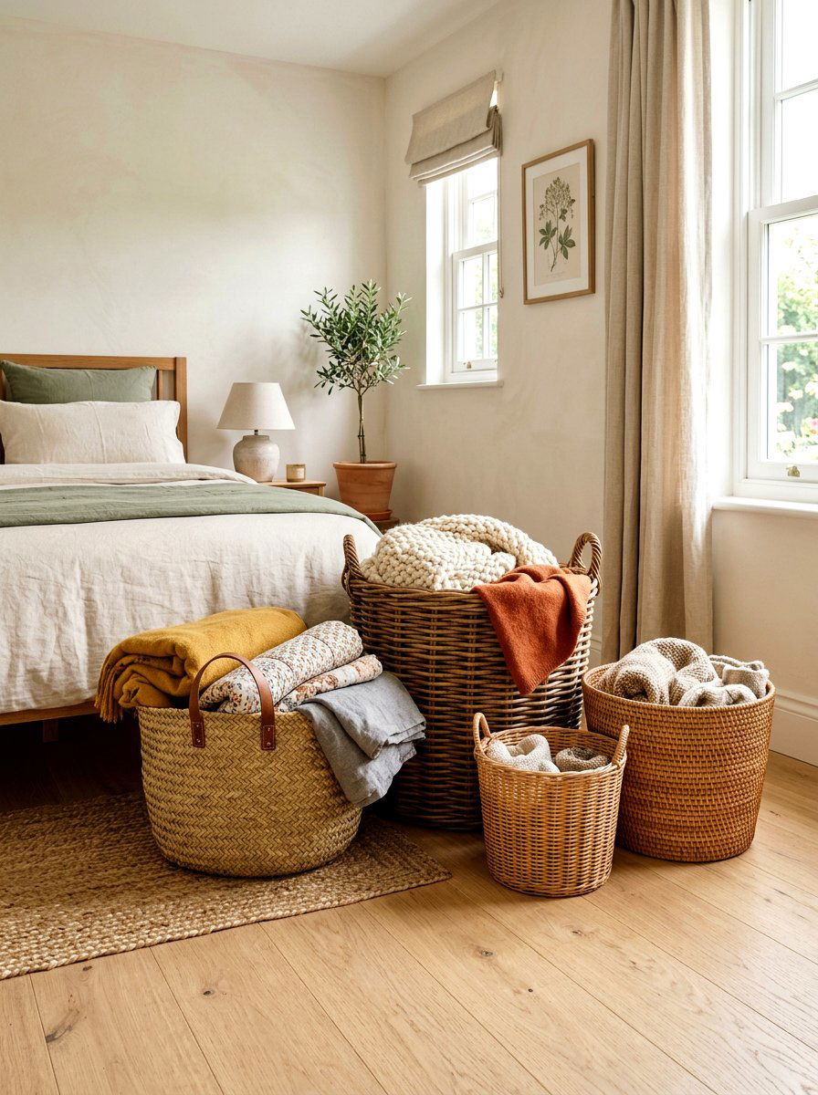 Wicker Storage Baskets - 30 earthy bedroom decor ideas
