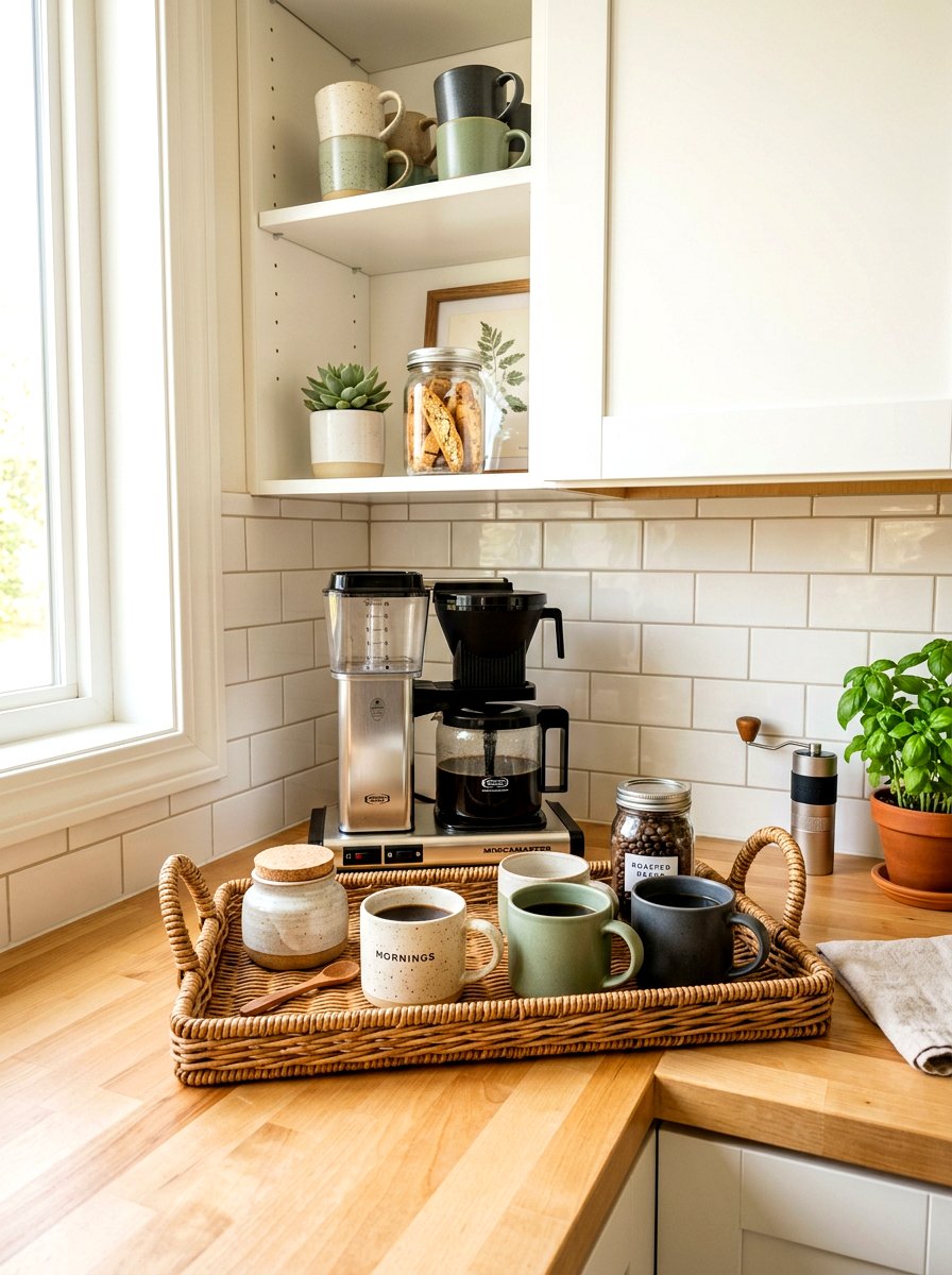 Wicker Tray Coffee Station - 30 layered kitchen decor ideas