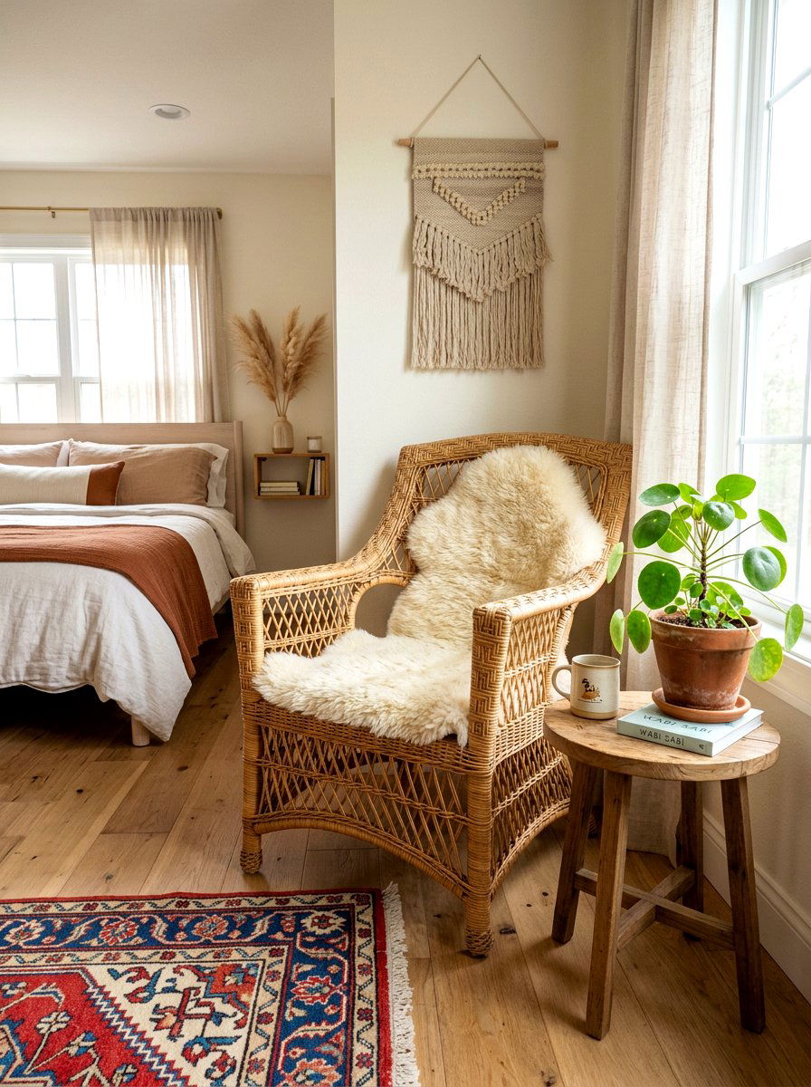 Wicker accent chair - 30 farmhouse bedroom ideas