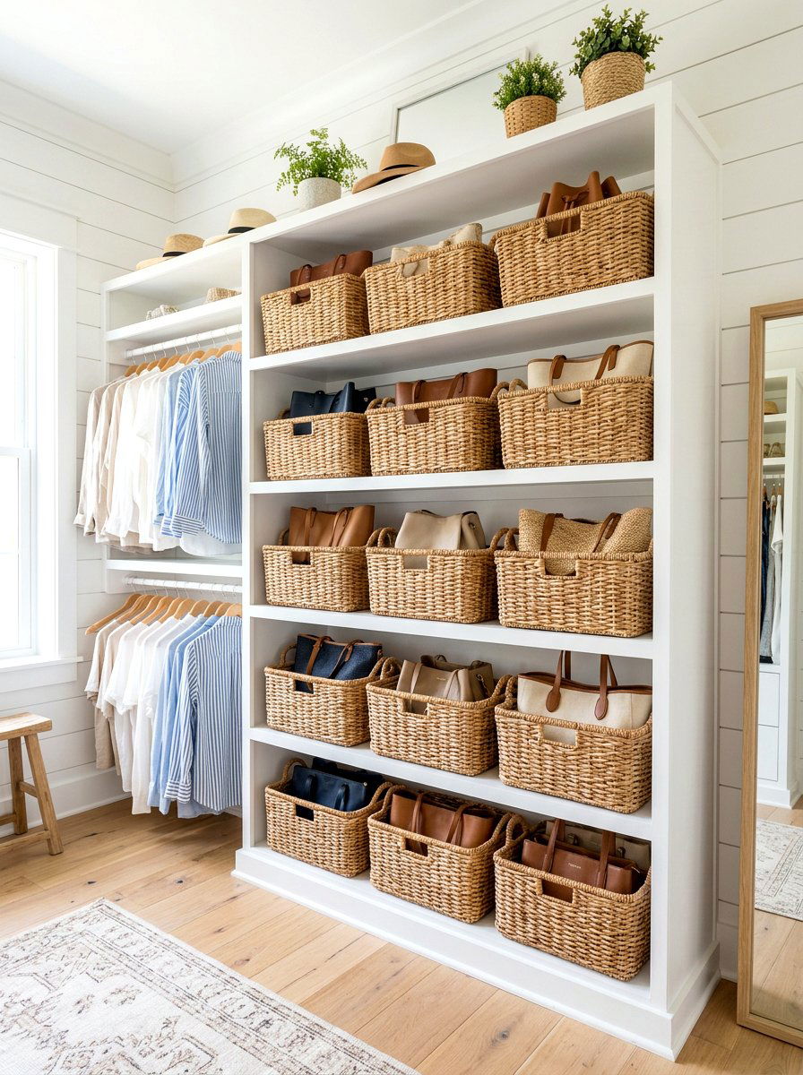 Wicker basket closet storage - 30 purse display closet ideas