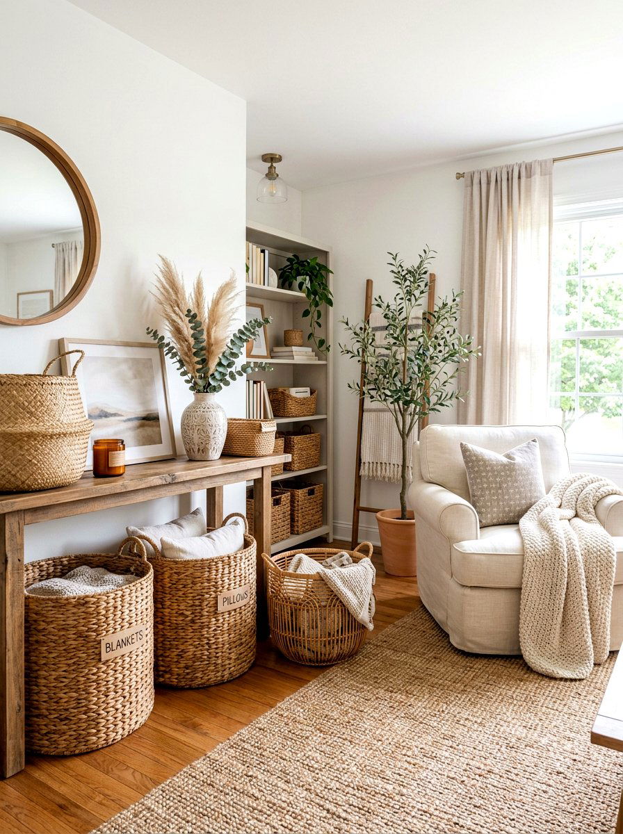 Wicker basket decor - 30 soft spring living room ideas