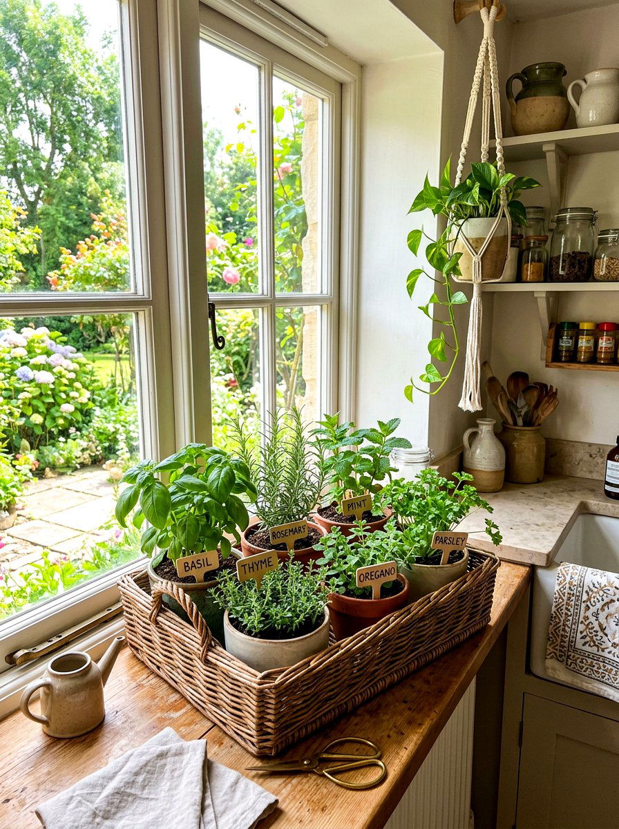Wicker basket herb garden - 30 windowsill herb garden ideas