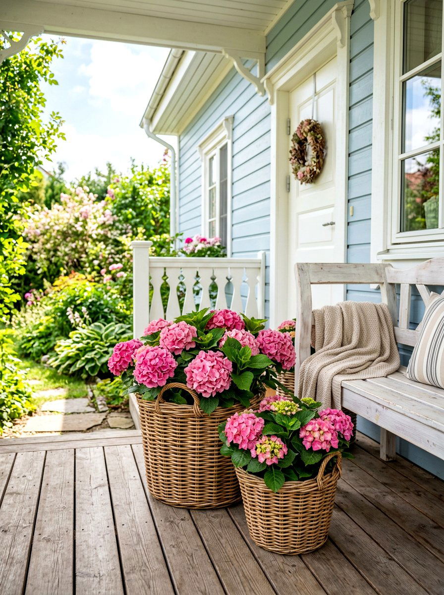 Wicker basket hydrangea porch accents - 30 hydrangea heavy front porch ideas