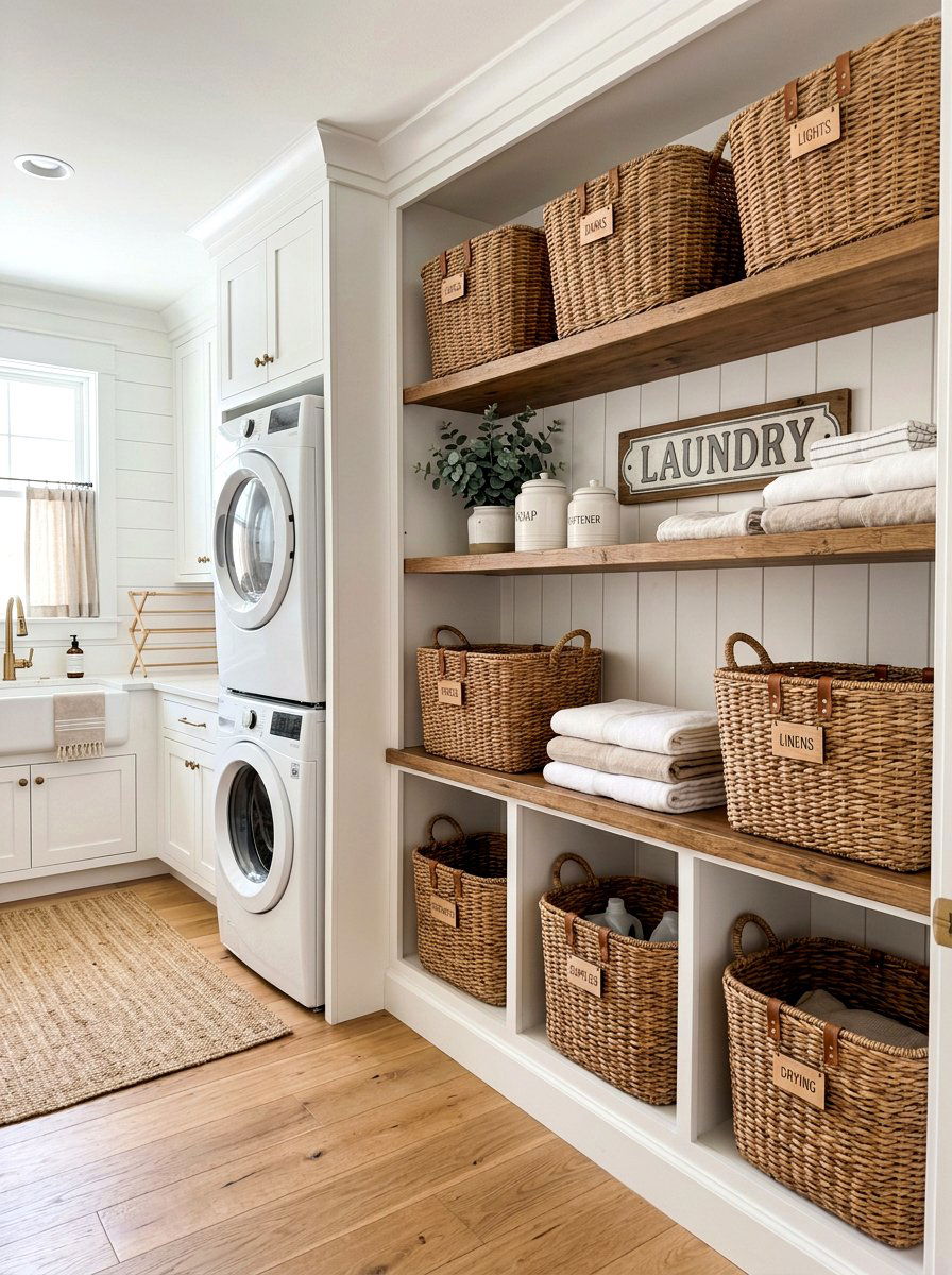 Wicker basket laundry storage - 30 farmhouse laundry room ideas