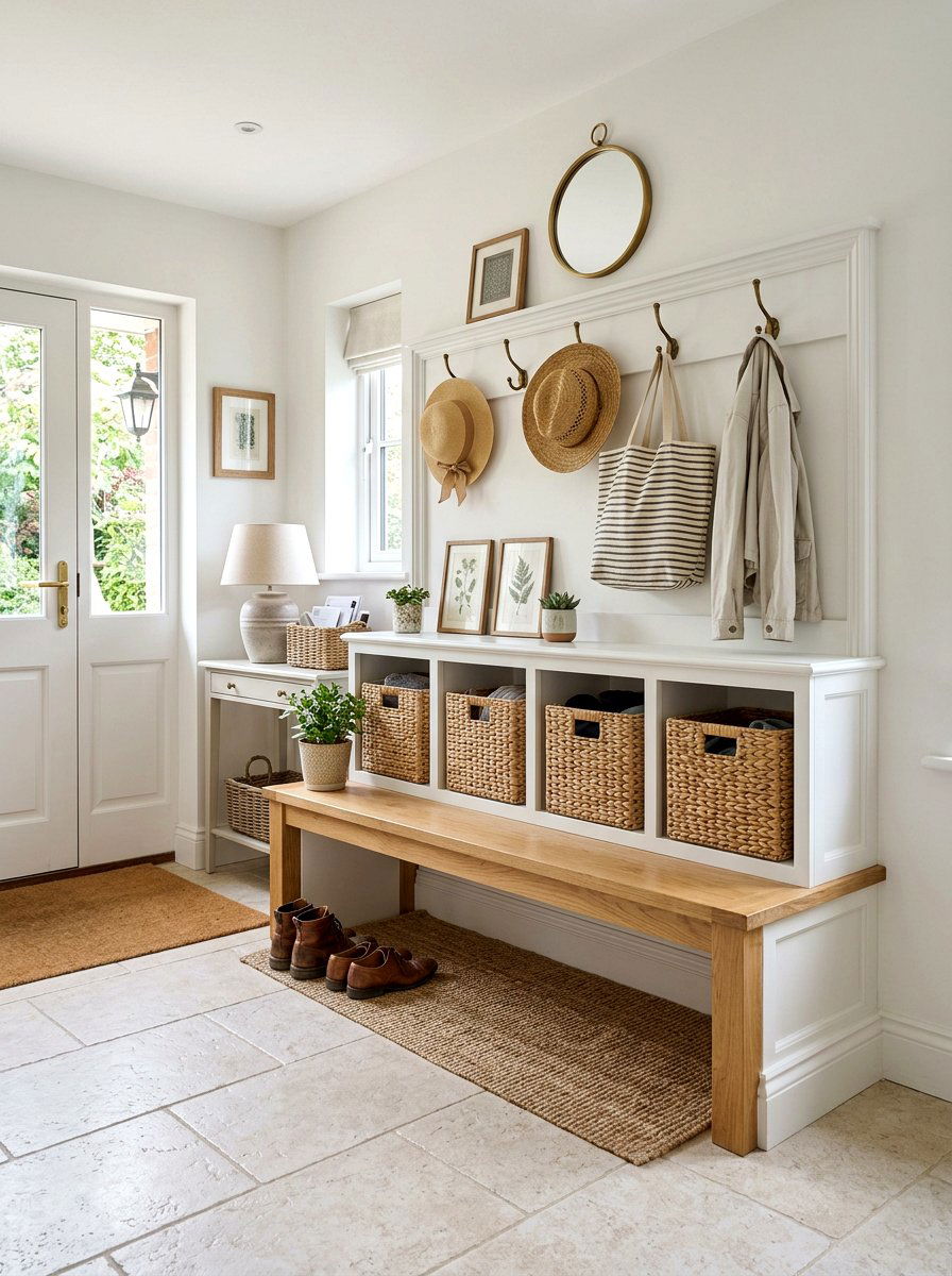 Wicker basket mudroom storage - 30 coastal grandmother decor ideas