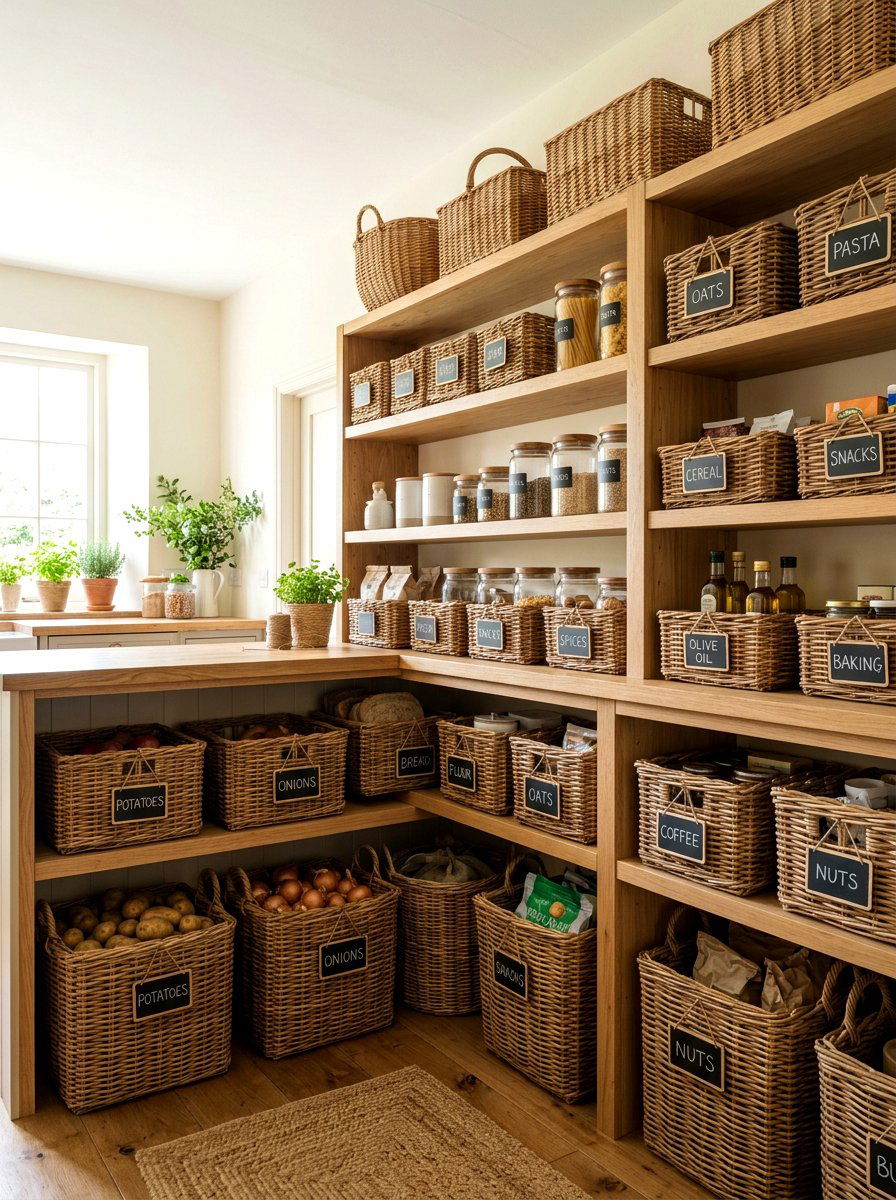 Wicker basket pantry storage - 30 farmhouse pantry shelving ideas