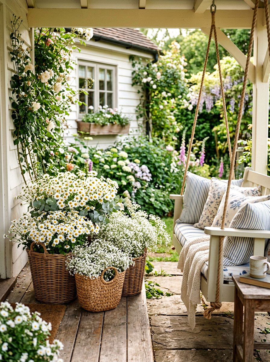 Wicker basket planters - 30 porch container garden ideas