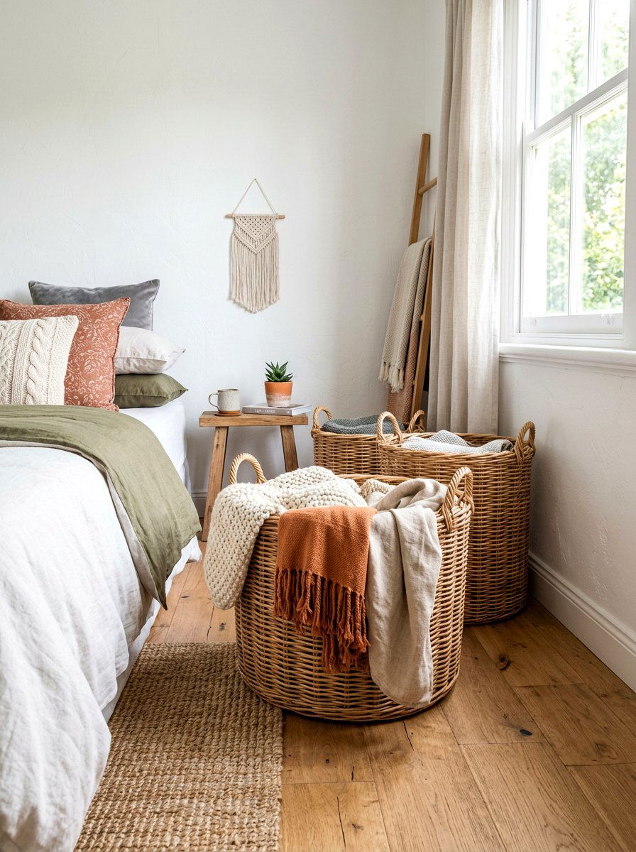 Wicker baskets for blankets - 30 bedding storage ideas