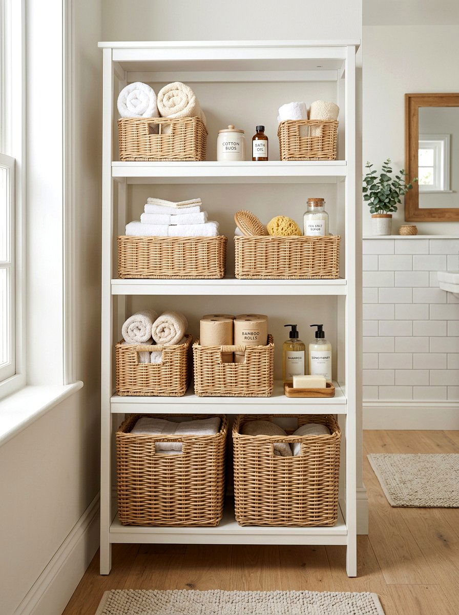 Wicker bathroom storage baskets - 30 coastal grandmother bathroom ideas