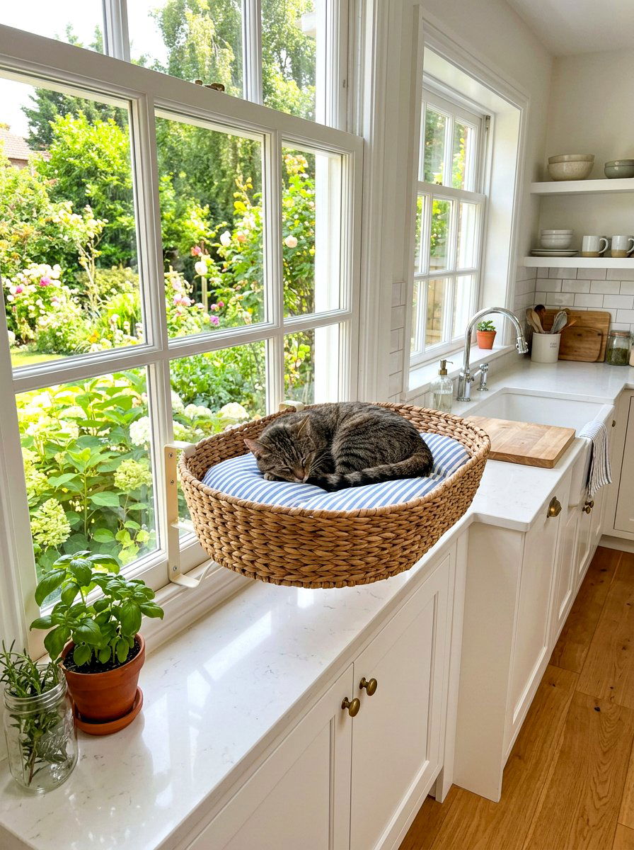 Wicker cat window basket - 30 cat window perch ideas