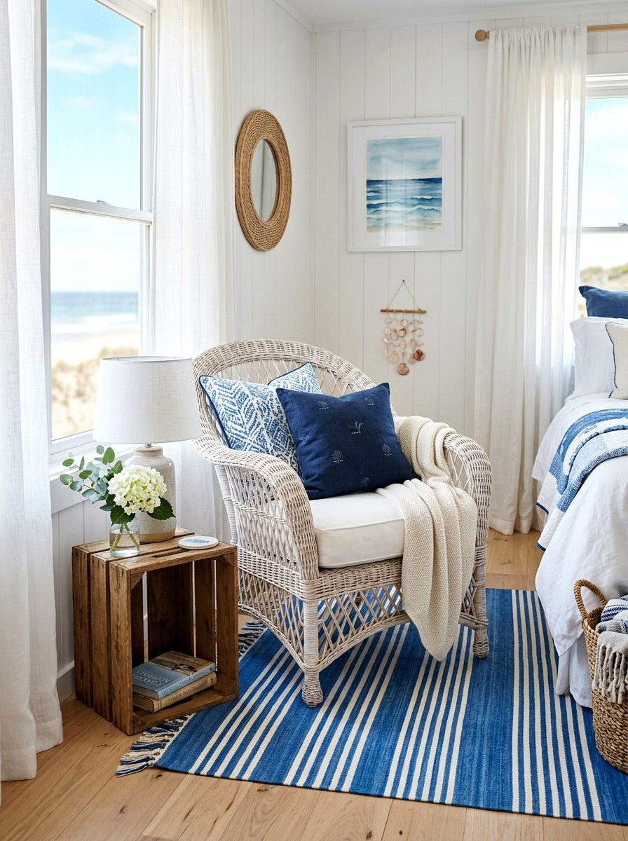 Wicker chair corner setup - 30 bedroom reading corner ideas