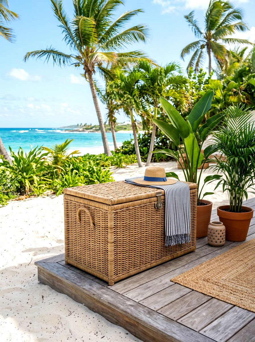 Wicker deck storage bin - 30 deck box ideas