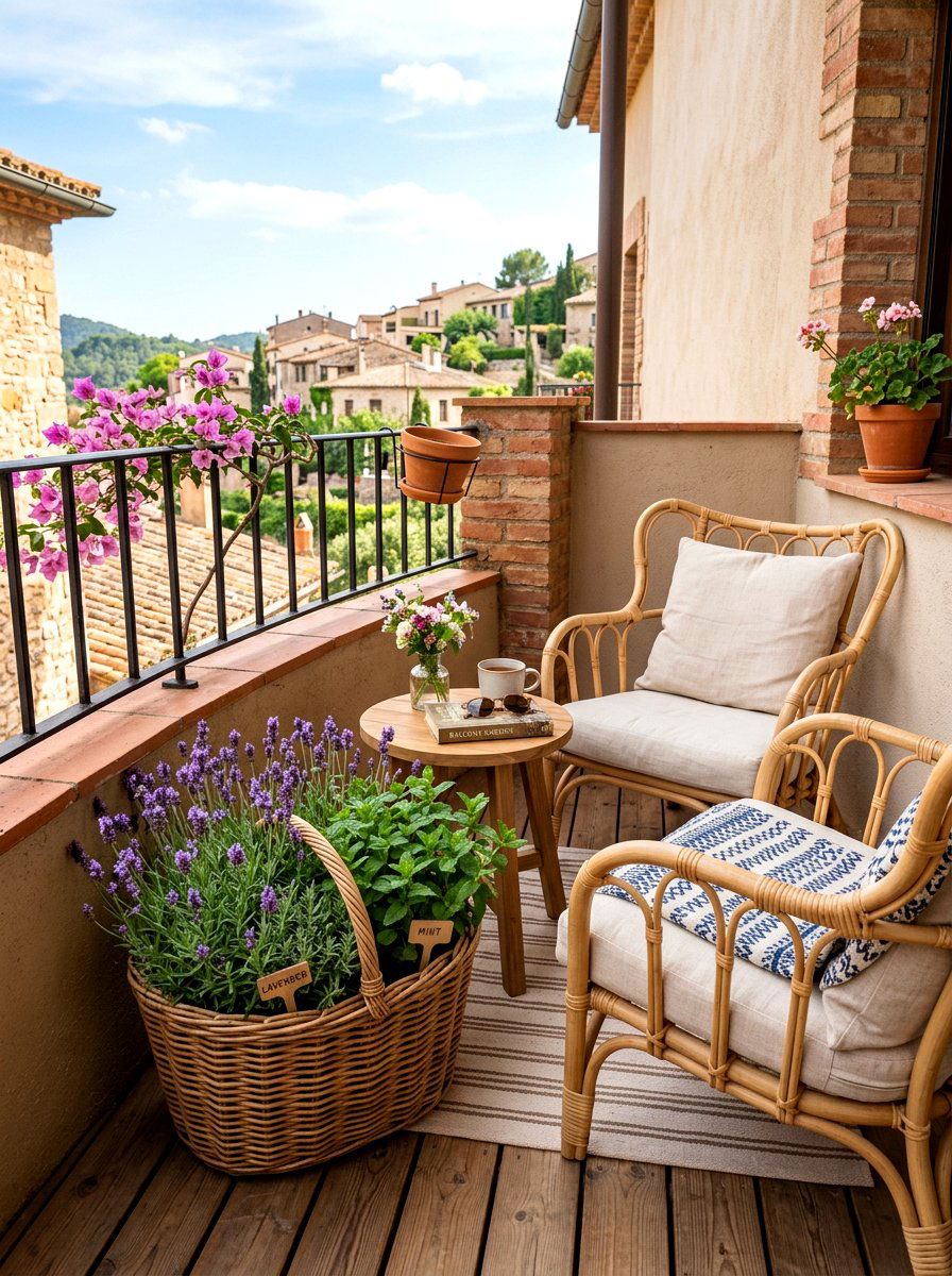 Wicker herb basket - 30 balcony herb box ideas