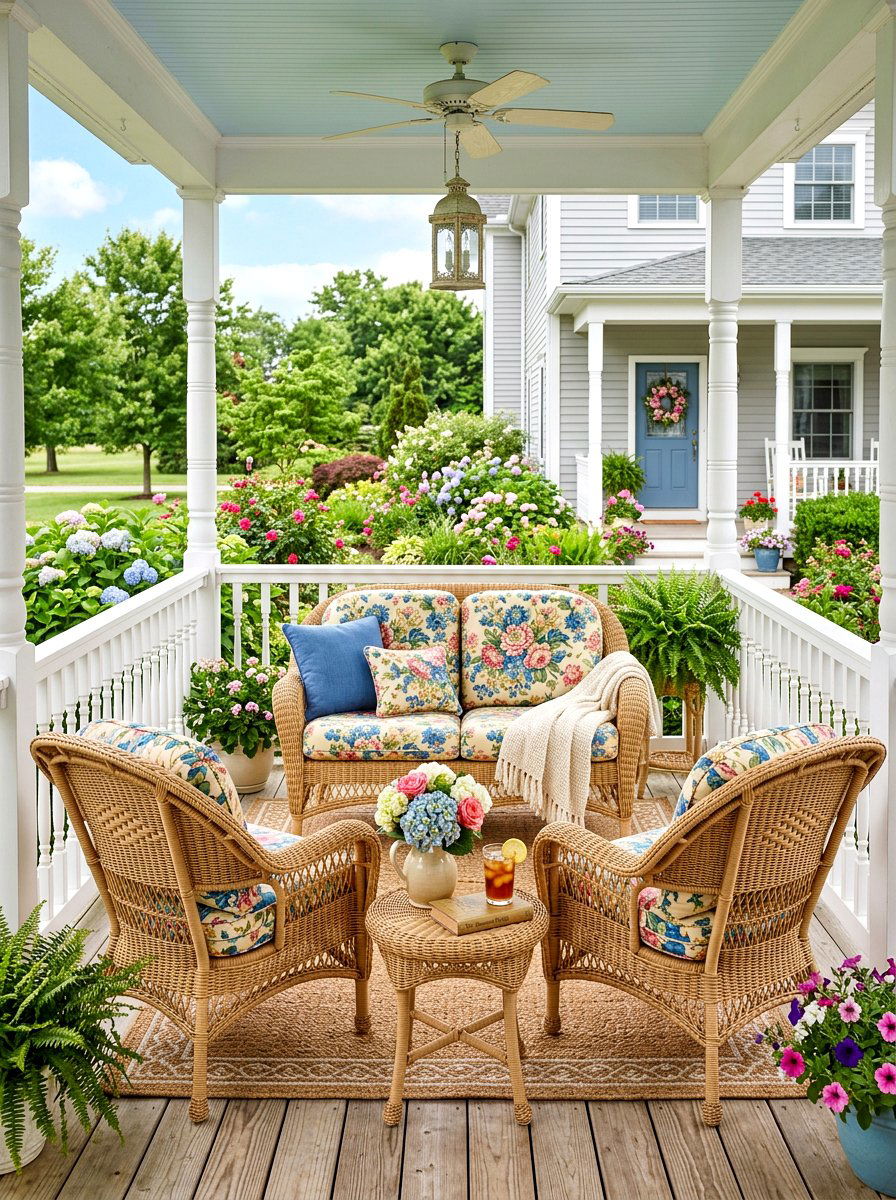 Wicker porch set - 30 front yard seating ideas