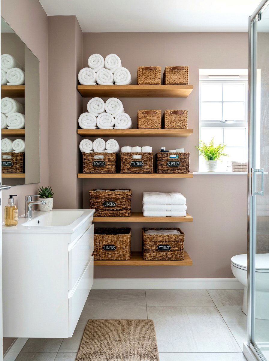 Wicker storage baskets - 30 serene bathroom decor ideas