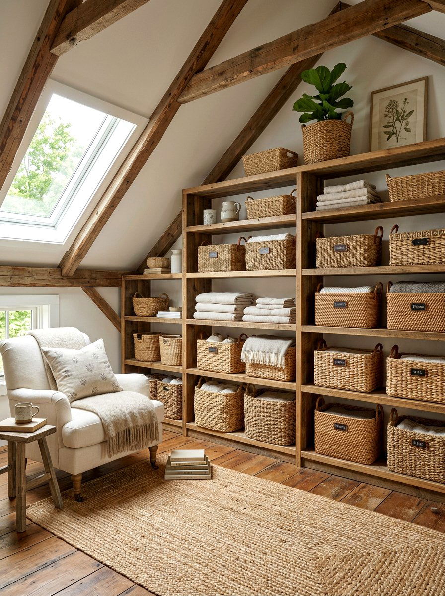 Wicker storage baskets - 30 attic bedroom storage ideas