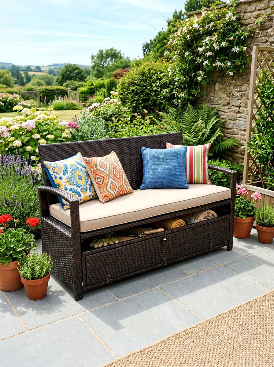 Wicker storage bench seating - 30 apartment patio entertaining ideas
