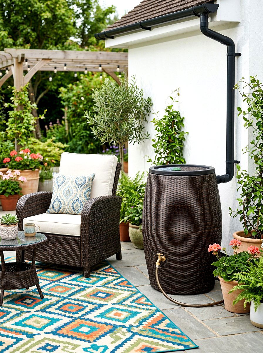 Wicker wrapped decorative rain barrel - 30 rain barrel ideas