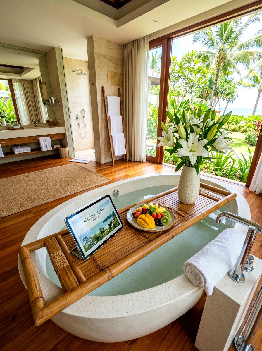 Wide Bamboo Tub Bridge - 30 bath tray spa ideas